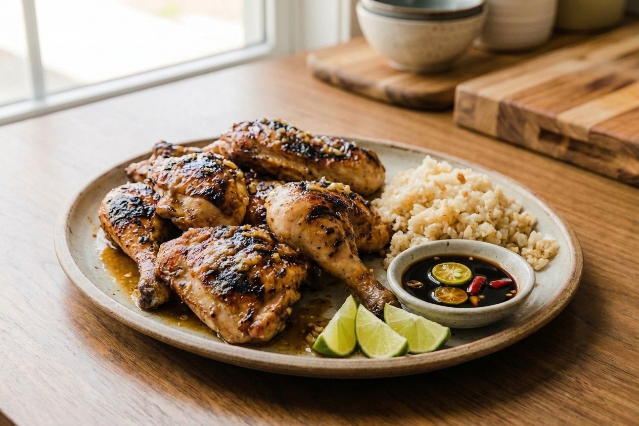 A platter of grilled chicken inasal with glossy charred skin, lime wedges, a small bowl of dipping sauce, and garlic rice on a simple wooden table