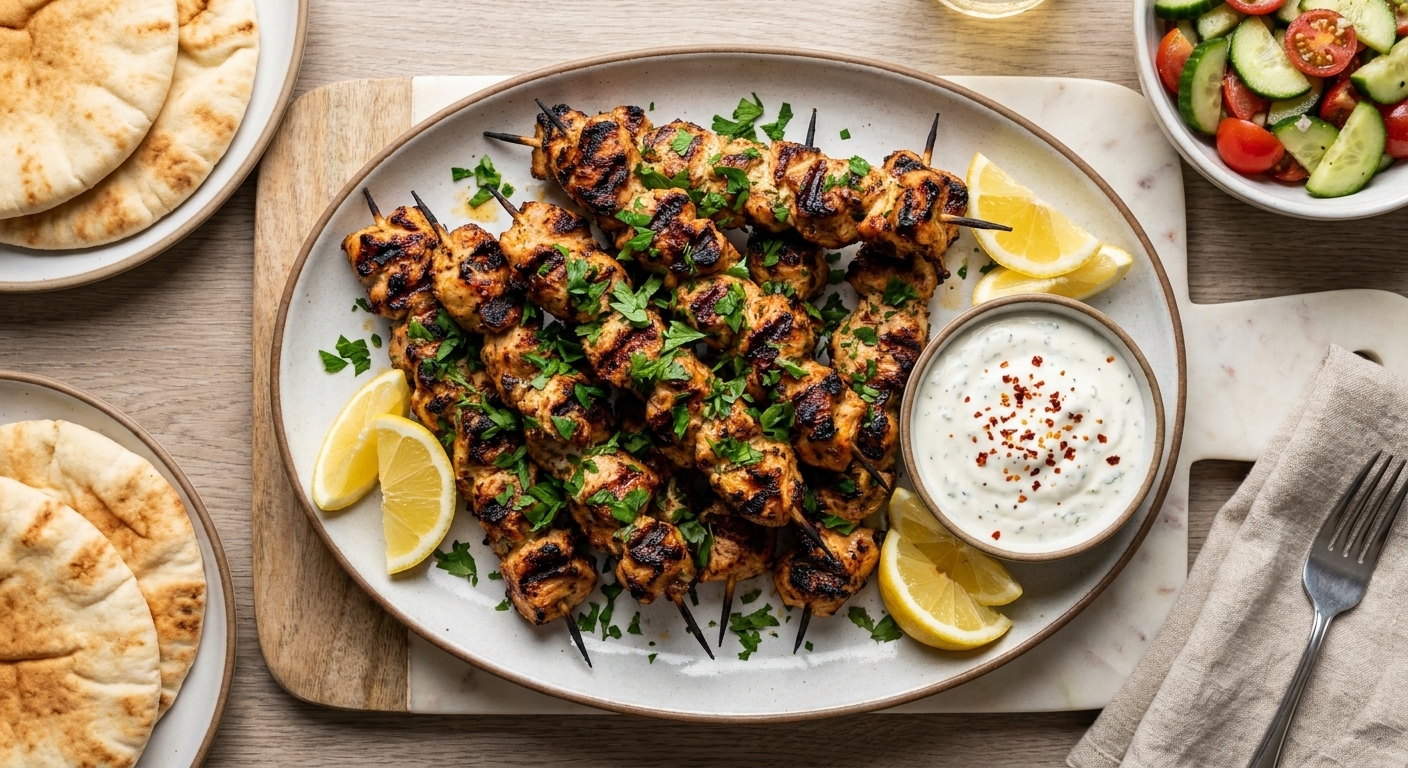 A platter of grilled chicken kababs with charred edges, scattered chopped parsley, lemon wedges, and a small bowl of garlic yogurt sauce on a neutral kitchen table