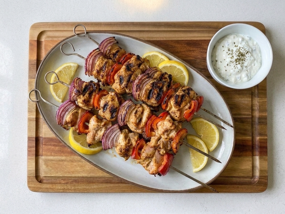 A platter of grilled chicken kabobs with lightly charred peppers and red onion, served with lemon wedges on a simple wooden table in warm natural light