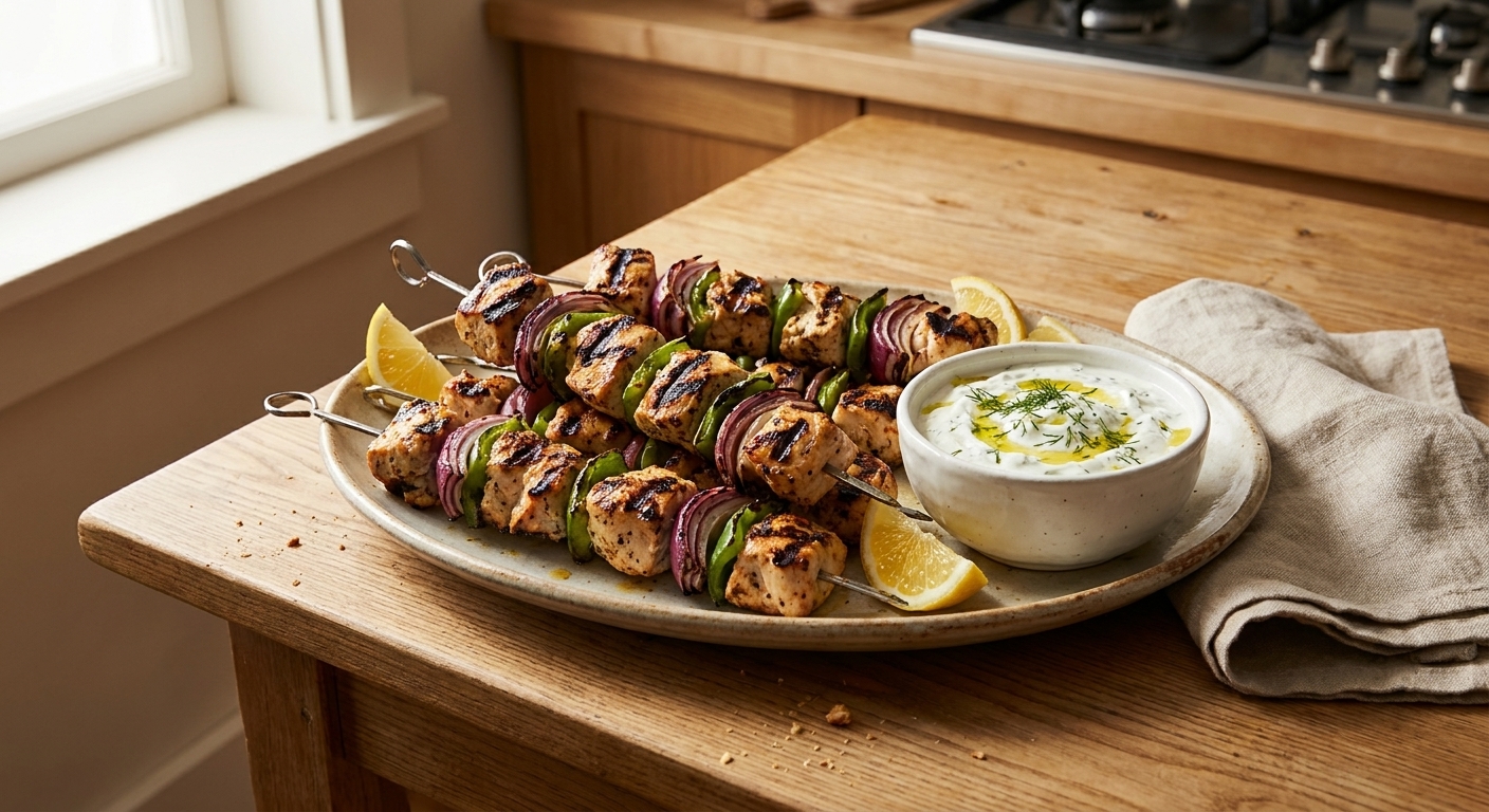 A platter of grilled chicken kebabs with charred edges, lemon wedges, and a bowl of creamy yogurt sauce on a warm, neutral-toned kitchen table