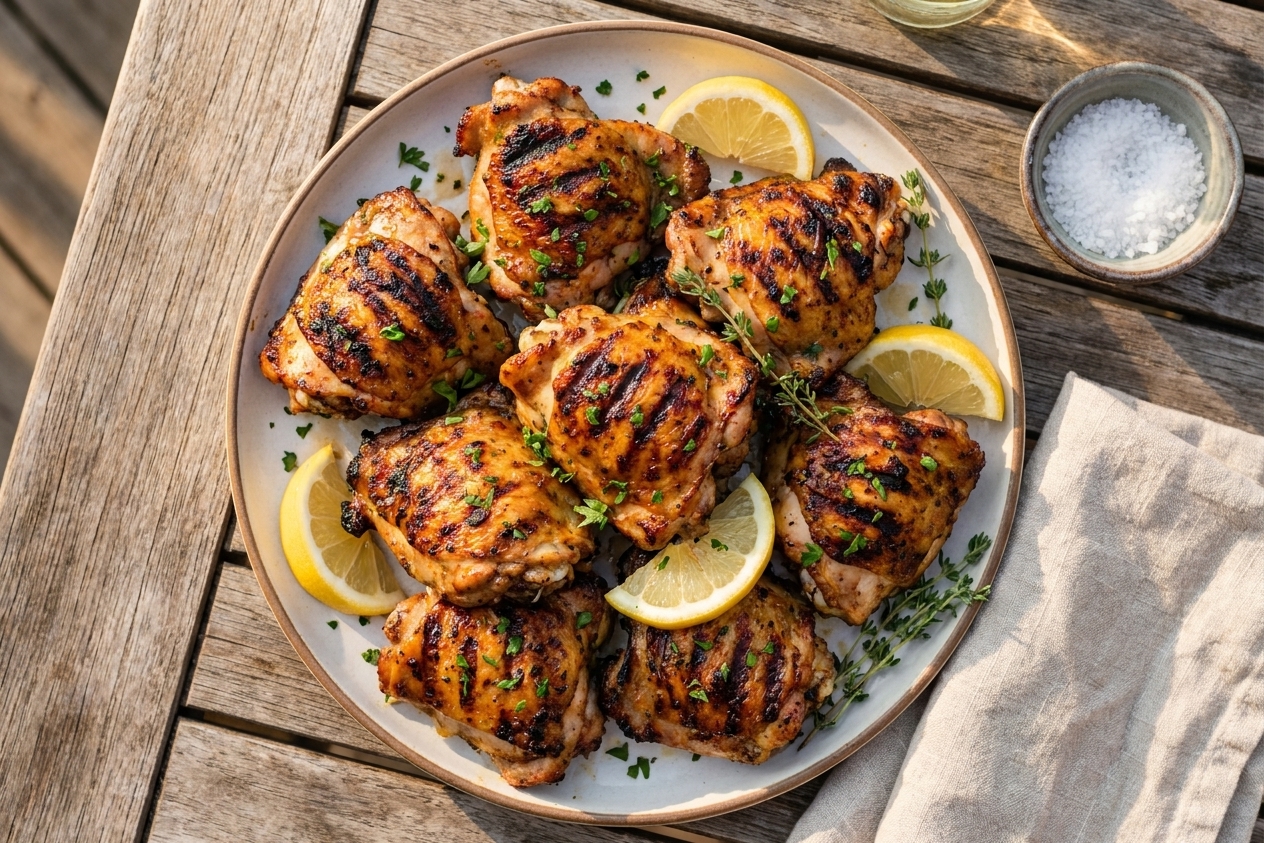 A platter of grilled chicken thighs with crisp charred edges, lemon wedges, and chopped herbs on a wooden outdoor table in warm natural light