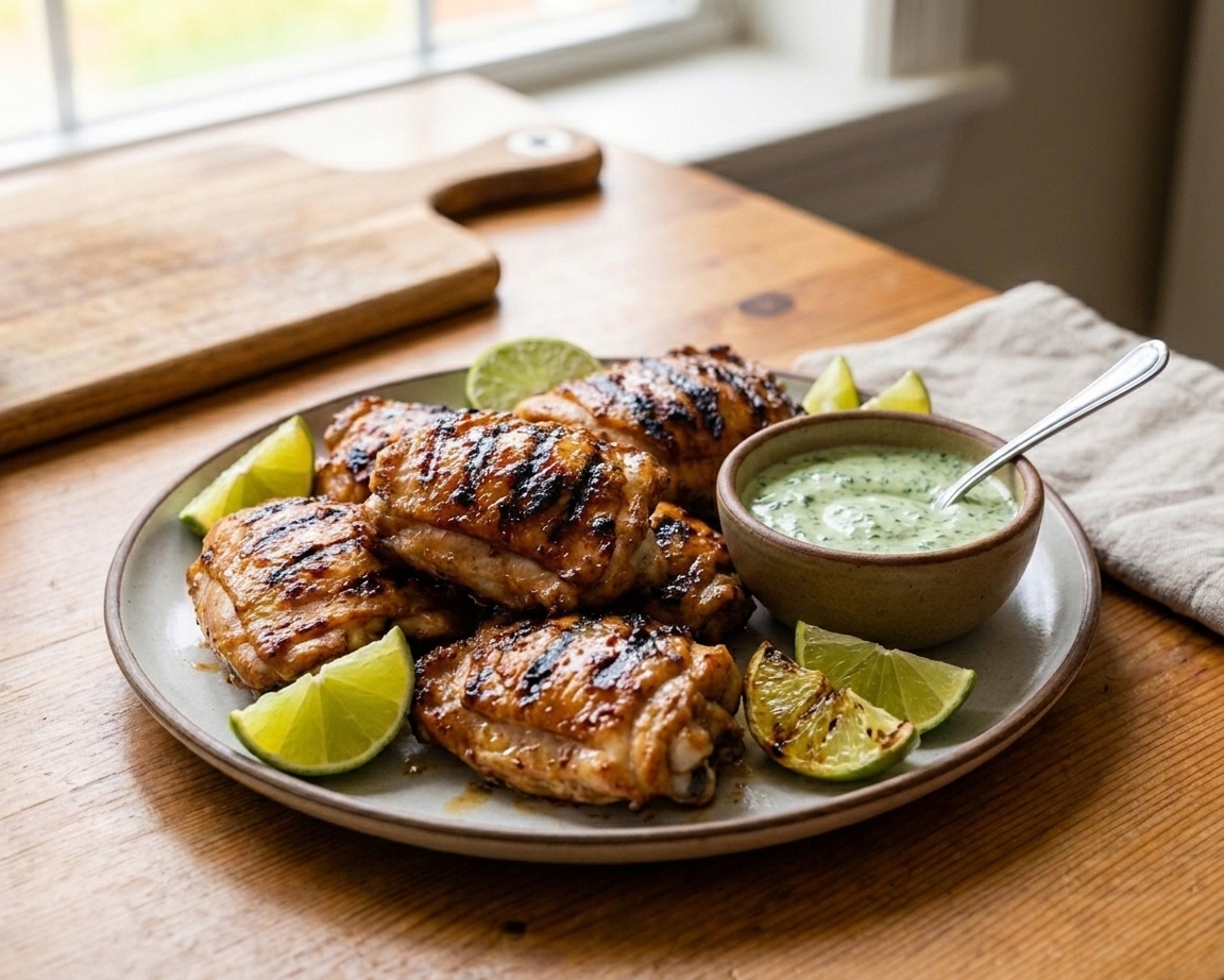 A platter of grilled honey lime chicken thighs with caramelized edges, lime wedges, and a small bowl of creamy cilantro sauce on a wooden kitchen table