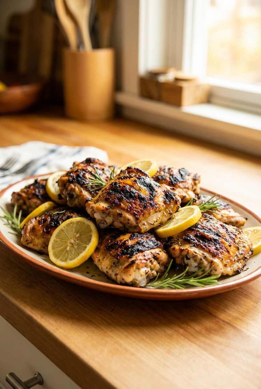 A platter of grilled lemon herb chicken thighs with charred edges on a serving plate