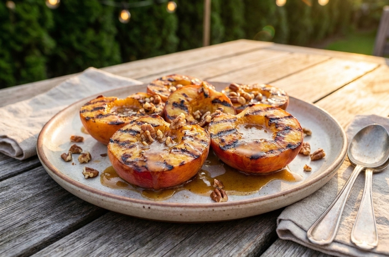 A platter of grilled peach halves topped with melting brown sugar butter and sprinkled with chopped toasted nuts, set on a simple table setting with spoons and napkins
