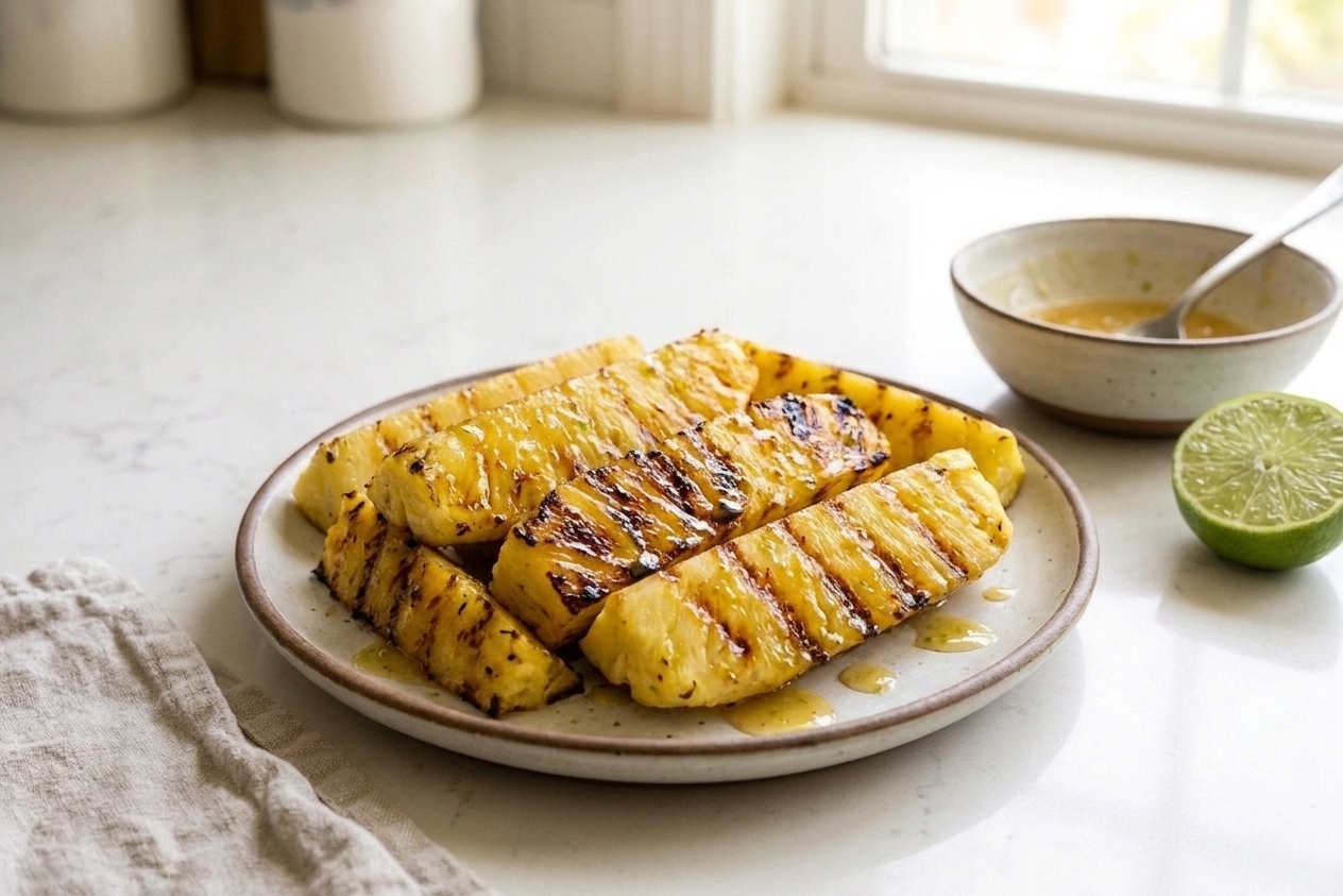 A platter of grilled pineapple spears with dark caramelized grill marks, glistening with a lime-honey glaze on a bright kitchen table setting
