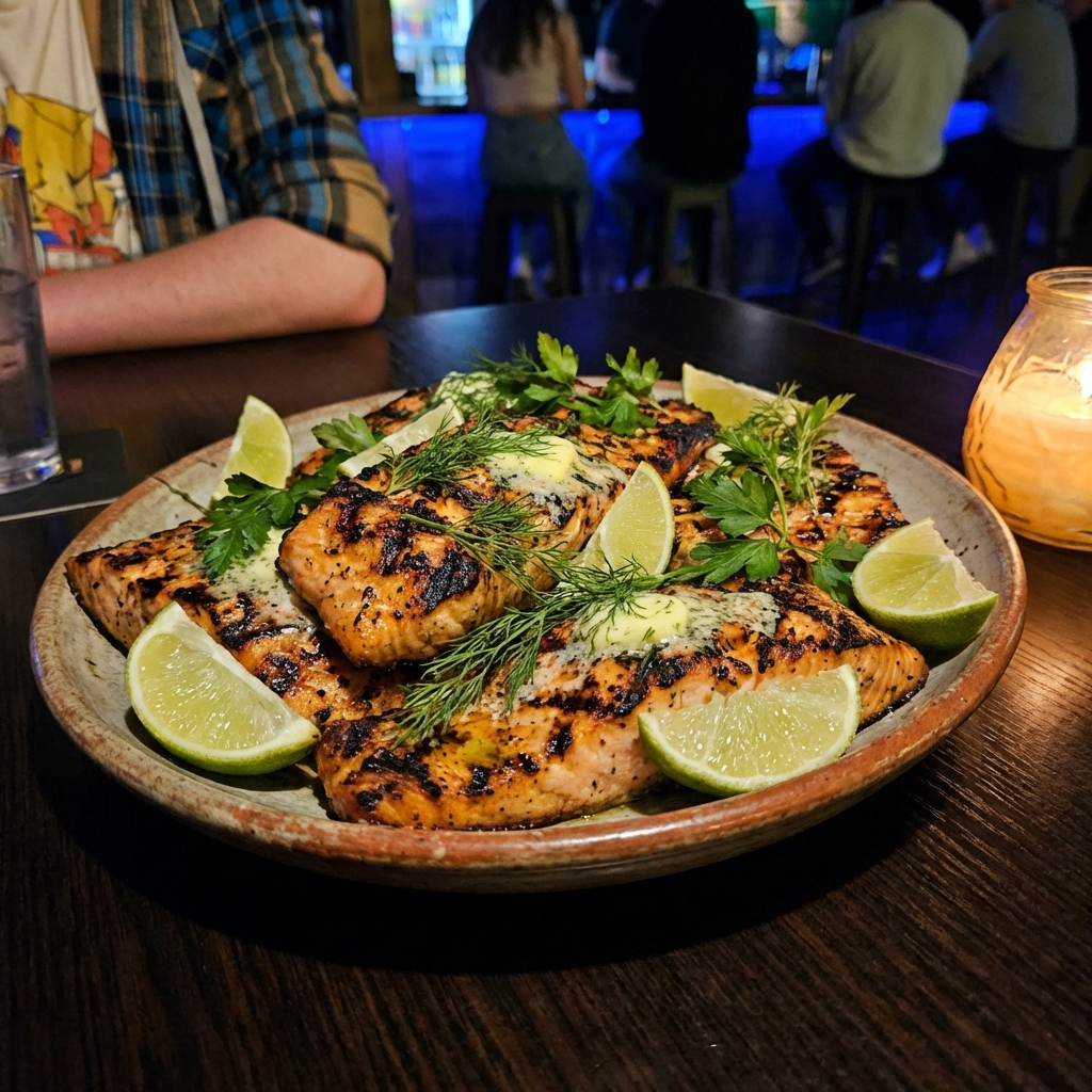 A platter of grilled salmon with lime wedges and herbs