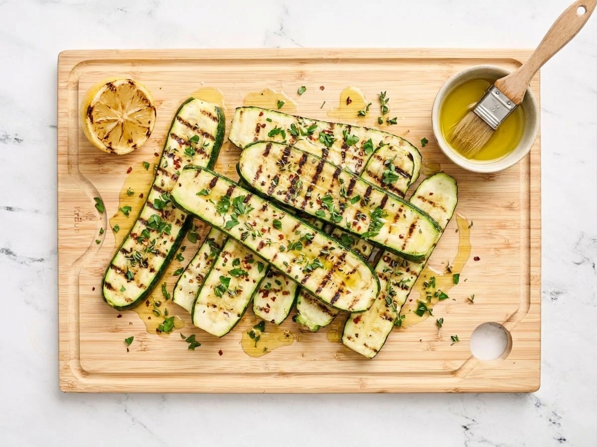 A platter of grilled zucchini planks with char marks, drizzled with olive oil and lemon, sprinkled with herbs on a wooden table