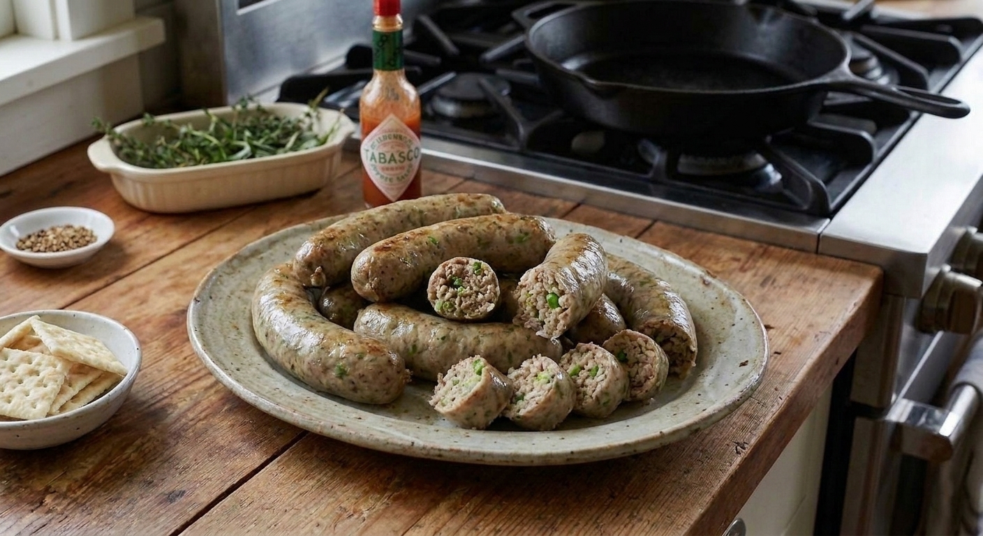 A platter of homemade Cajun boudin sausage links with a few sliced pieces showing the pork and rice filling, on a rustic wooden table with soft kitchen lighting