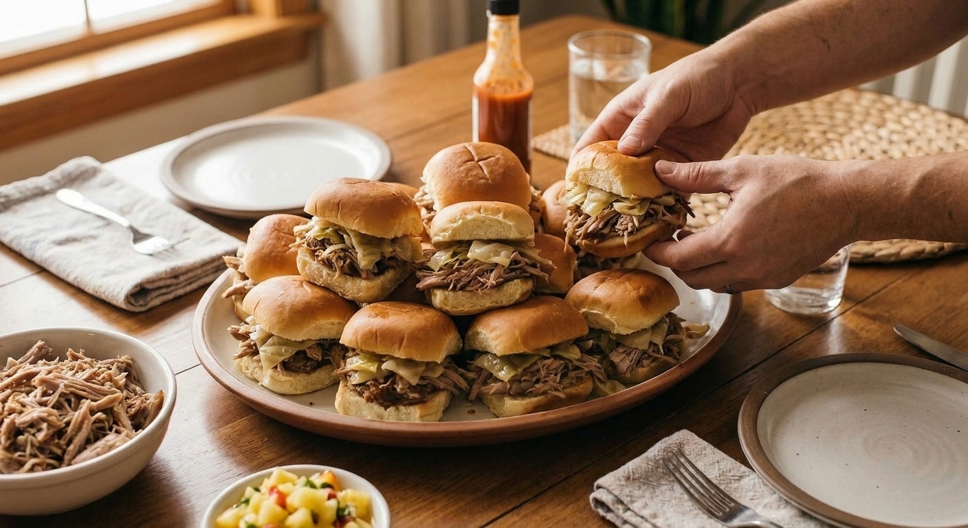 A platter of kalua pork sliders with shredded pork and cabbage on soft buns set on a family-style table