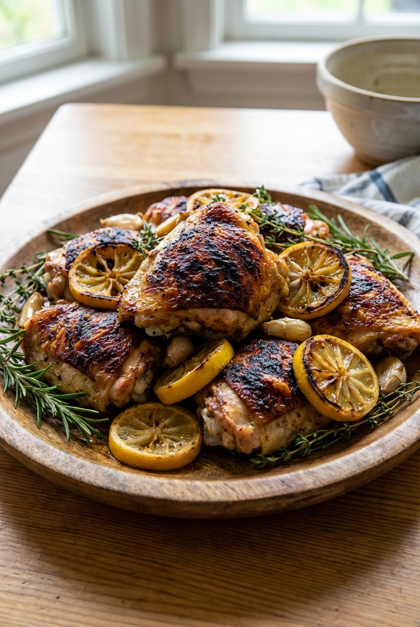 A platter of lemon garlic roasted chicken thighs with browned skin and herbs