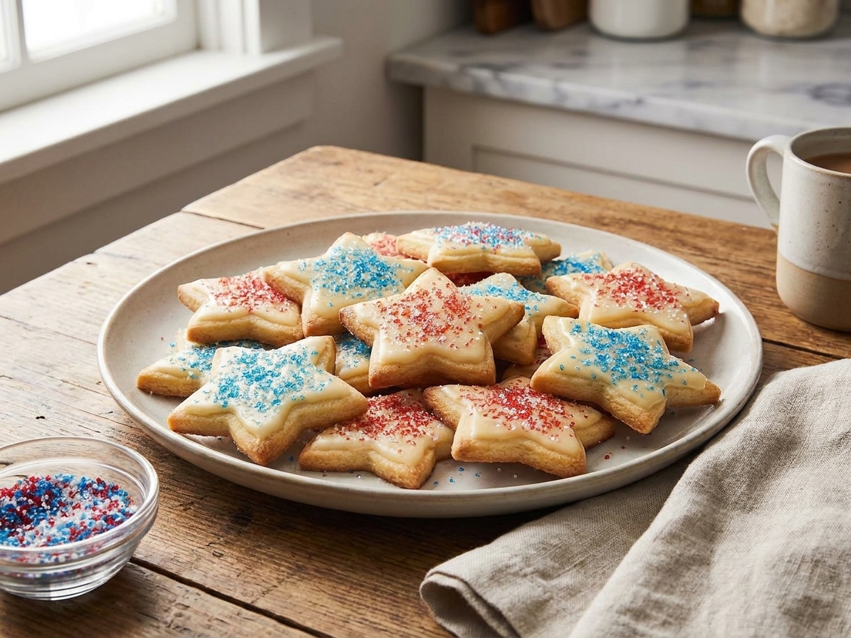 A platter of lemon-iced star-shaped sugar cookies topped with red, white, and blue sparkling sugar on a cozy kitchen table with soft natural light