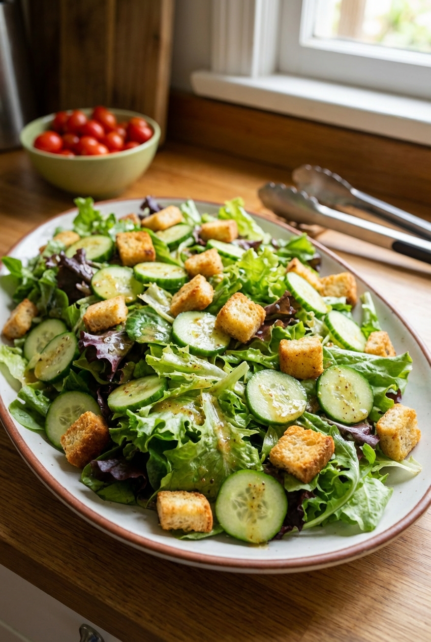 A platter of mixed greens salad with cucumbers, croutons, and a light vinaigrette