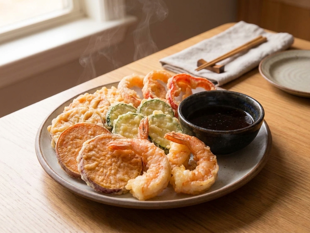 A platter of mixed vegetable and shrimp tempura served with a small bowl of dipping sauce on a simple dinner table setting