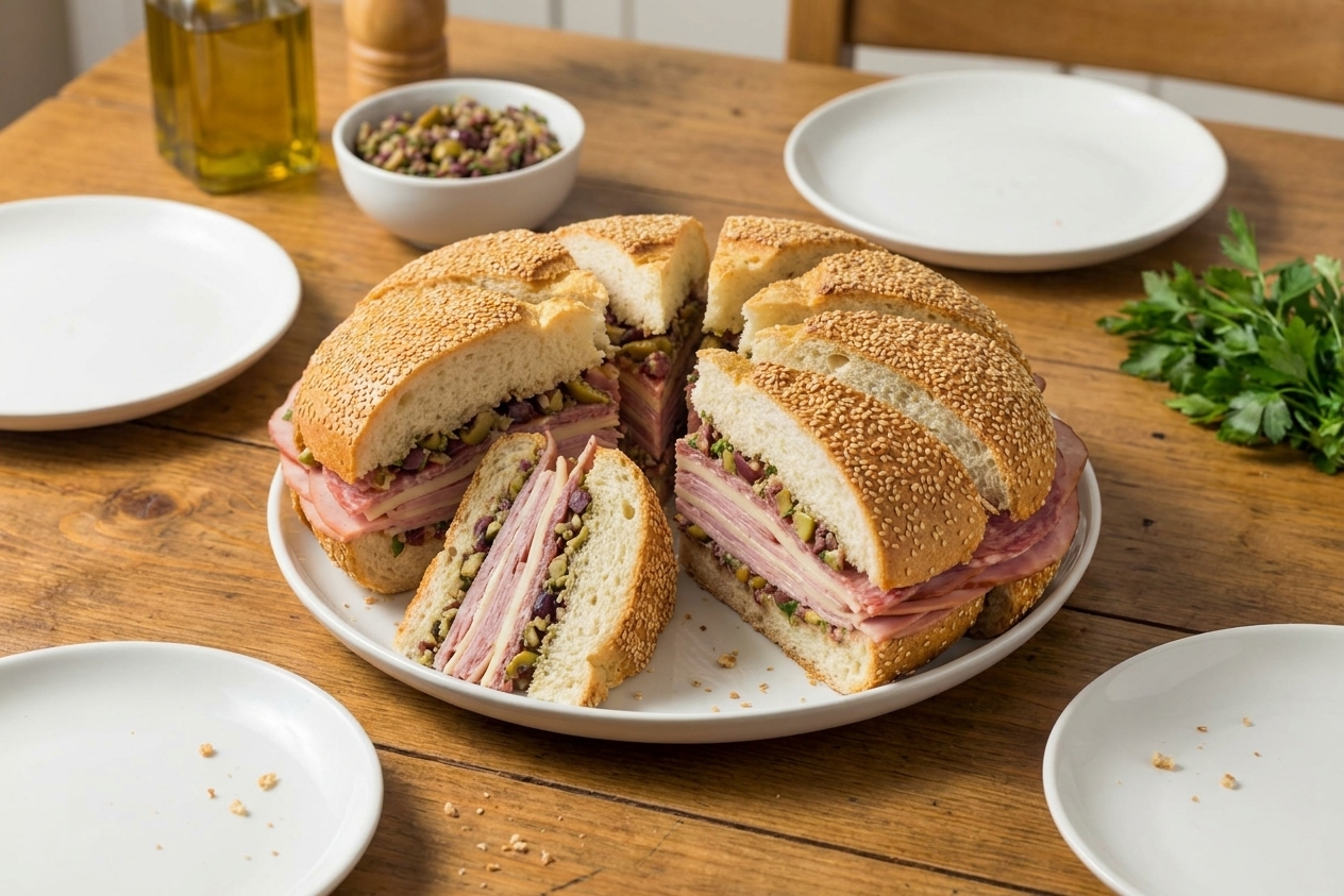 A platter of muffaletta wedges showing distinct layers of meats, provolone, and olive salad on a dining table with simple plates