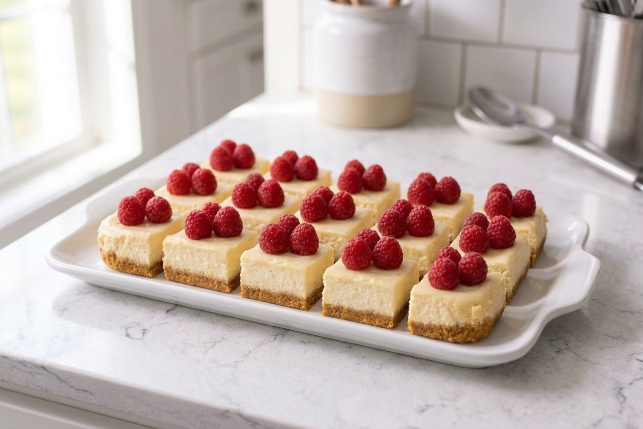 A platter of neatly cut cheesecake bites with a graham cracker crust, topped with a few fresh raspberries, on a bright kitchen table with soft natural light