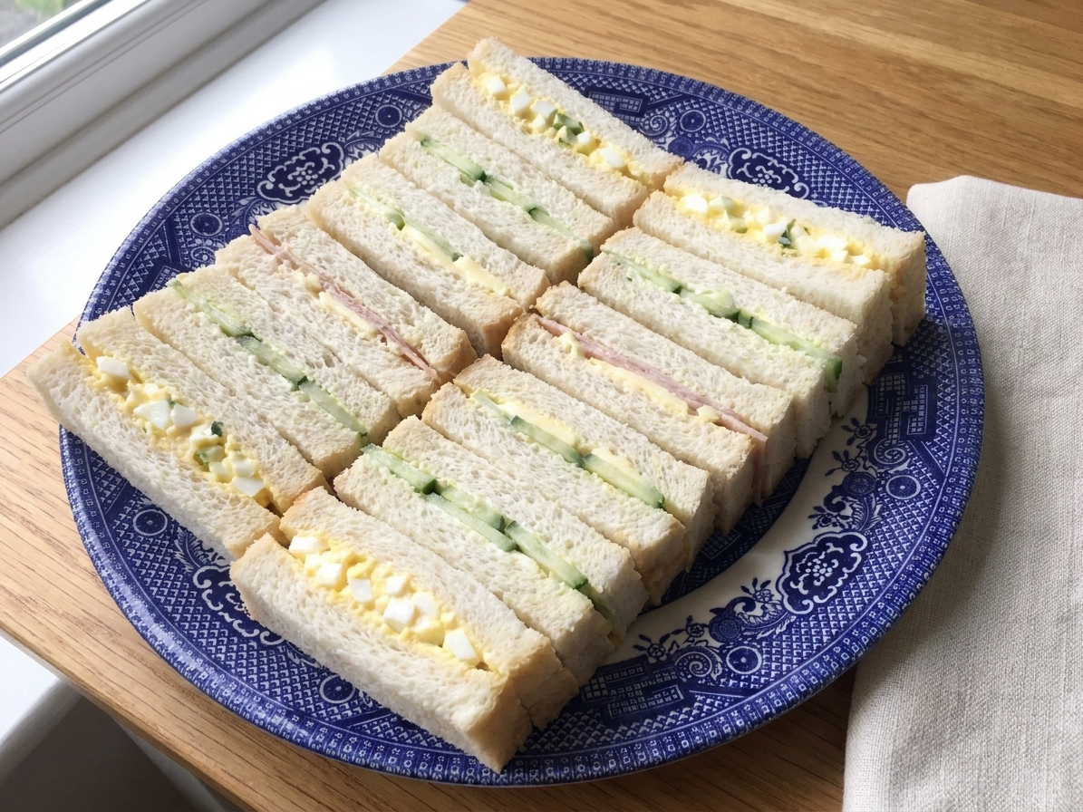 A platter of neatly cut finger sandwiches in rows, including cucumber, egg salad, and ham and cheese on soft white bread, set on a bright kitchen table with simple linens