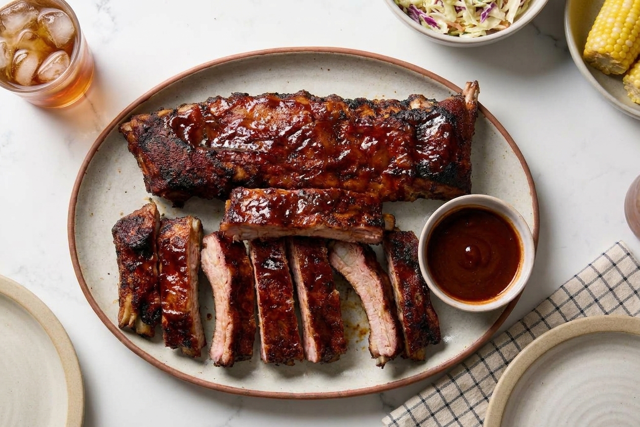 A platter of oven-baked baby back ribs glazed with barbecue sauce, caramelized edges visible, set on a wooden table with a small bowl of extra sauce and a simple family-style setting
