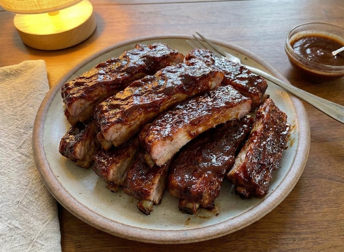 A platter of oven-baked country style ribs glazed with barbecue sauce, with caramelized edges and a glossy finish on a warm kitchen table