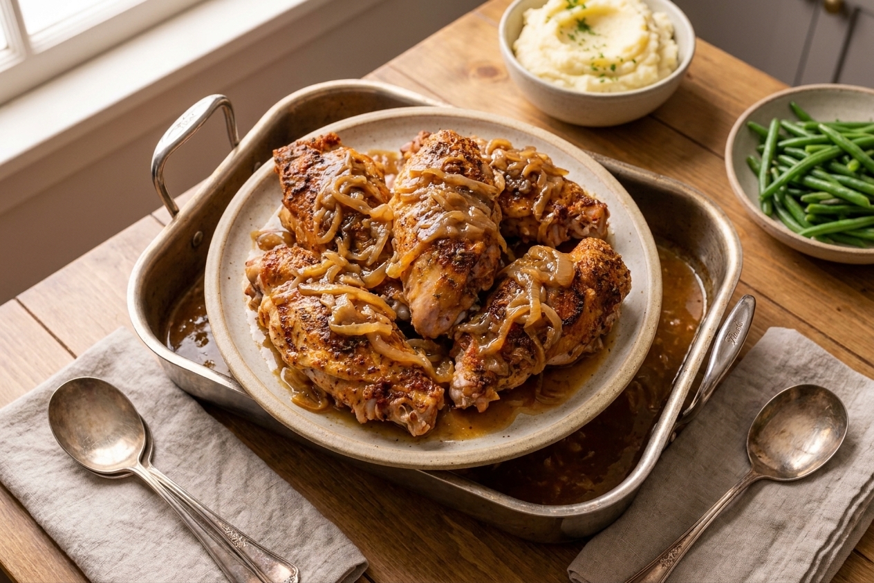 A platter of oven-baked turkey wings with golden-brown skin resting in a pan of glossy onion gravy on a warm kitchen table