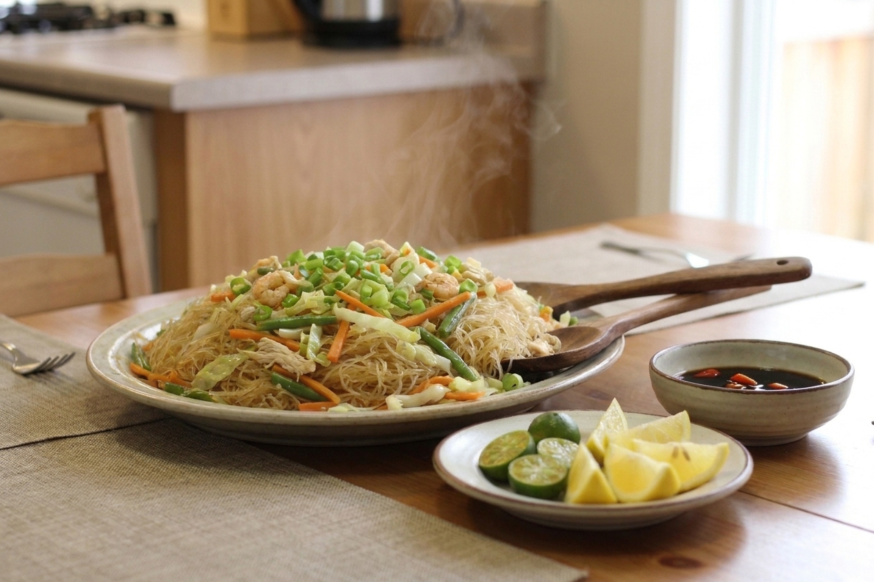 A platter of pancit bihon rice noodles tossed with chicken, shrimp, cabbage, carrots, and green beans, garnished with sliced scallions and served with calamansi or lemon wedges on a warm kitchen table