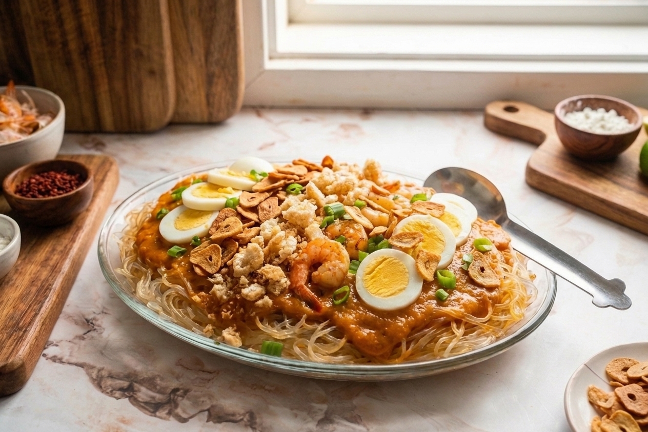 A platter of pancit palabok with orange shrimp sauce over rice noodles, topped with sliced eggs, shrimp, crushed chicharrón, smoked fish flakes, and green onions on a warm-toned kitchen table