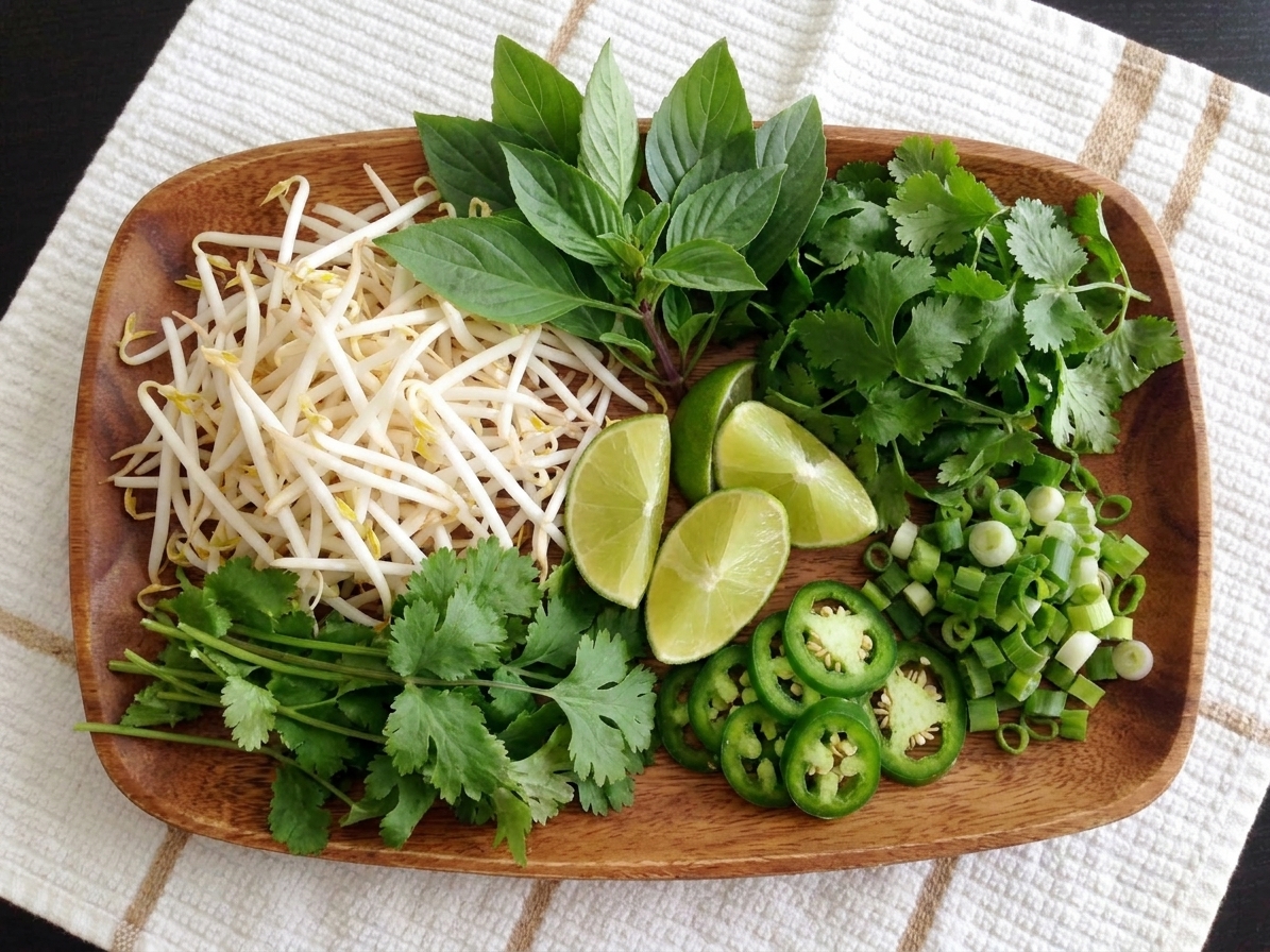 A platter of pho toppings including bean sprouts, basil, cilantro, lime wedges, sliced jalapeño, and scallions set out for serving