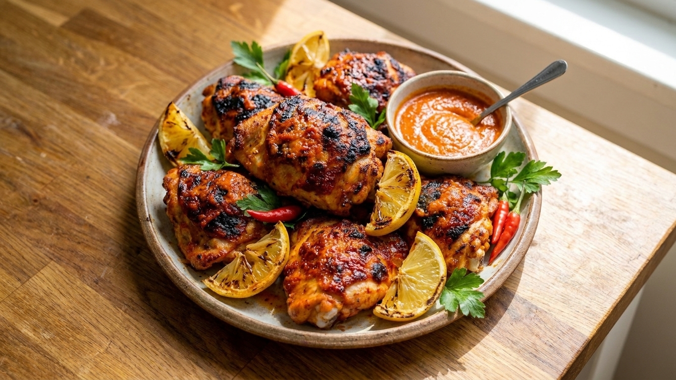 A platter of piri piri chicken thighs with crisp, charred edges, lemon wedges, and a small bowl of red chili sauce on a rustic wooden table in warm natural light