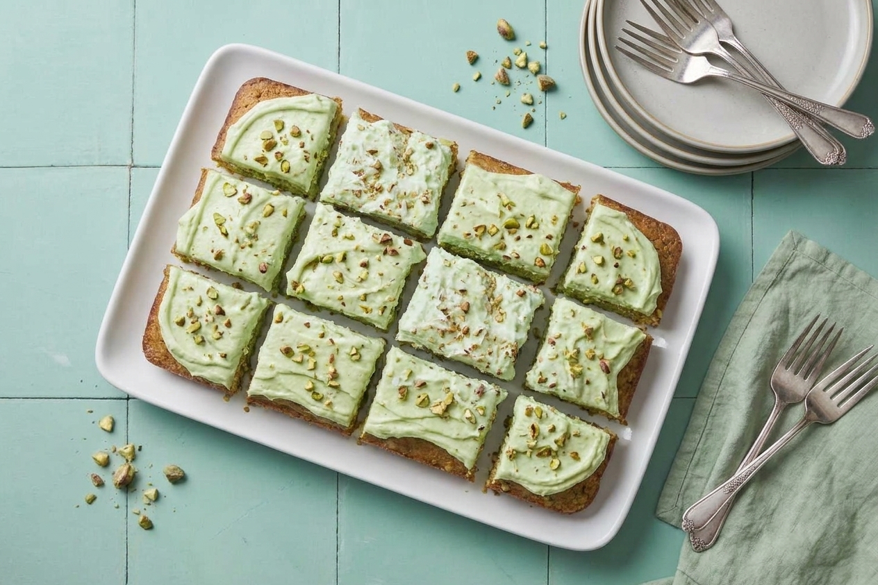 A platter of pistachio cake squares topped with fluffy pistachio cream and chopped pistachios with dessert plates nearby