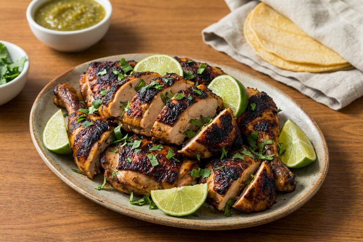 A platter of pollo asado with charred, caramelized edges, sliced and piled with lime wedges and cilantro on a warm-toned kitchen table