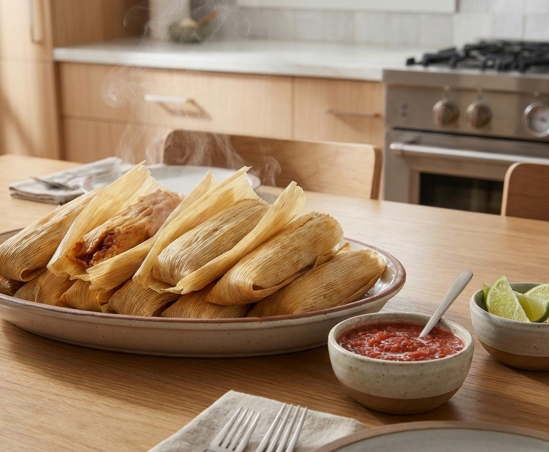 A platter of pork tamales in corn husks on a wooden table with small bowls of salsa roja and lime wedges nearby, warm kitchen lighting
