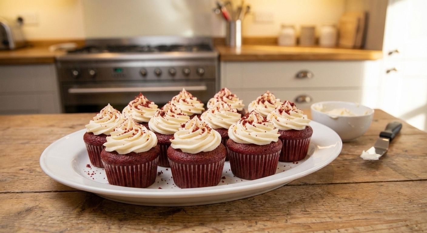 A platter of red velvet cupcakes topped with swirls of cream cheese frosting on a bright kitchen counter with soft natural light