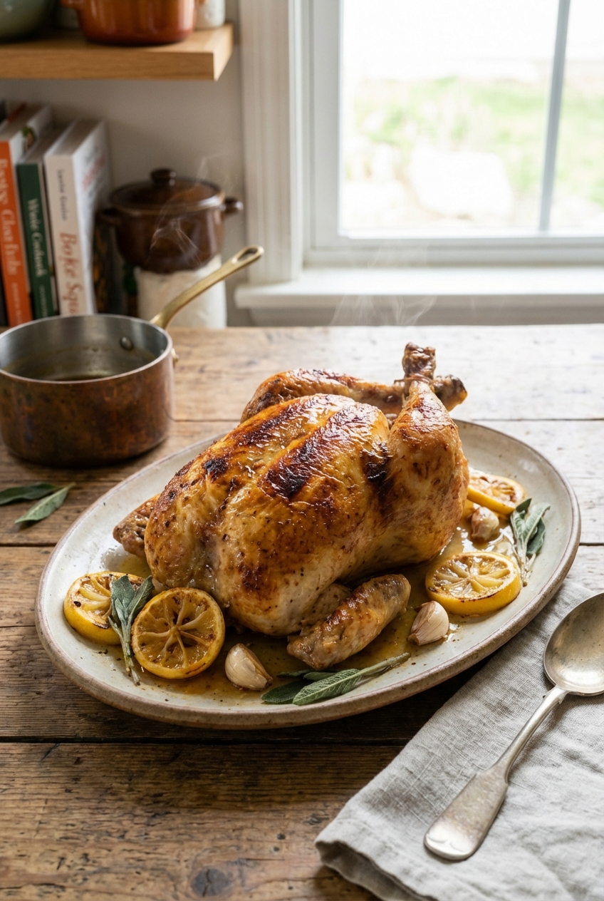A platter of roast chicken with crispy skin and lemon slices