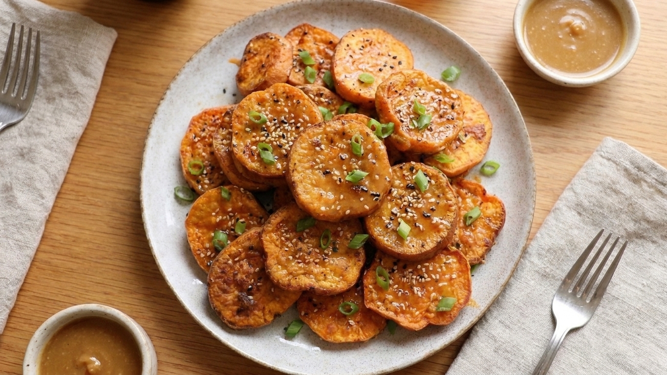 A platter of roasted Japanese sweet potato rounds with caramelized edges, brushed with glossy miso maple butter and sprinkled with sesame seeds on a warm wooden table