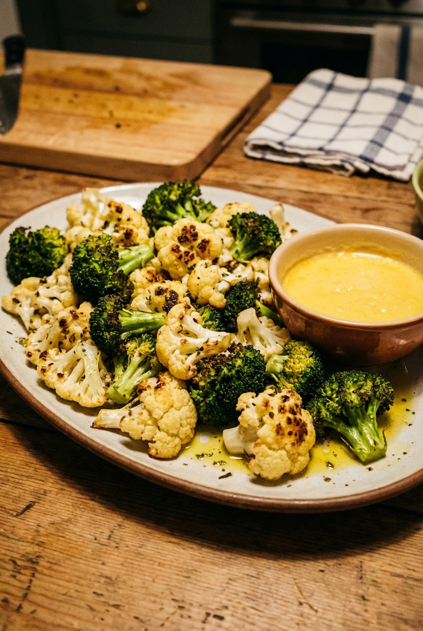 A platter of roasted broccoli and cauliflower with a bowl of cheese sauce