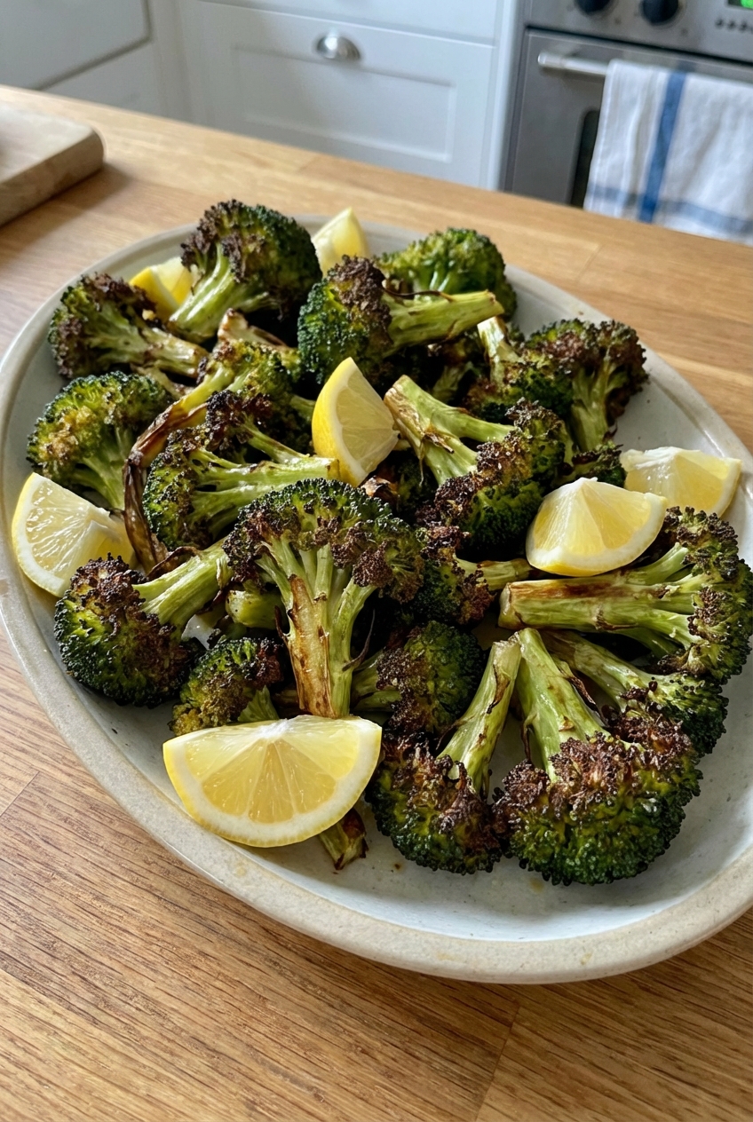 A platter of roasted broccoli with browned edges and lemon wedges