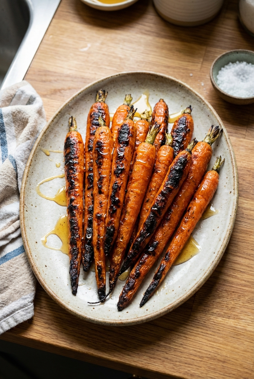 A platter of roasted carrots with charred edges and a drizzle of honey
