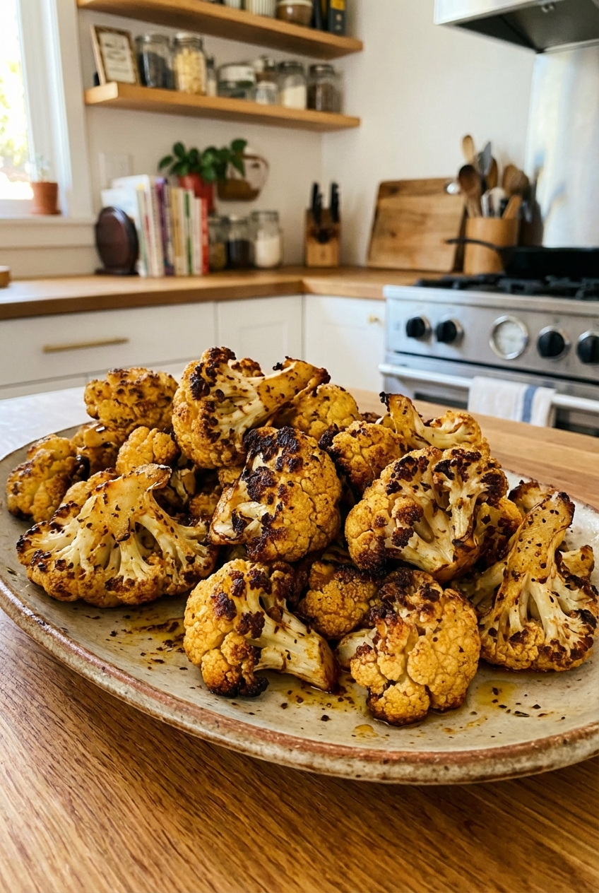 A platter of roasted cauliflower florets with crispy edges