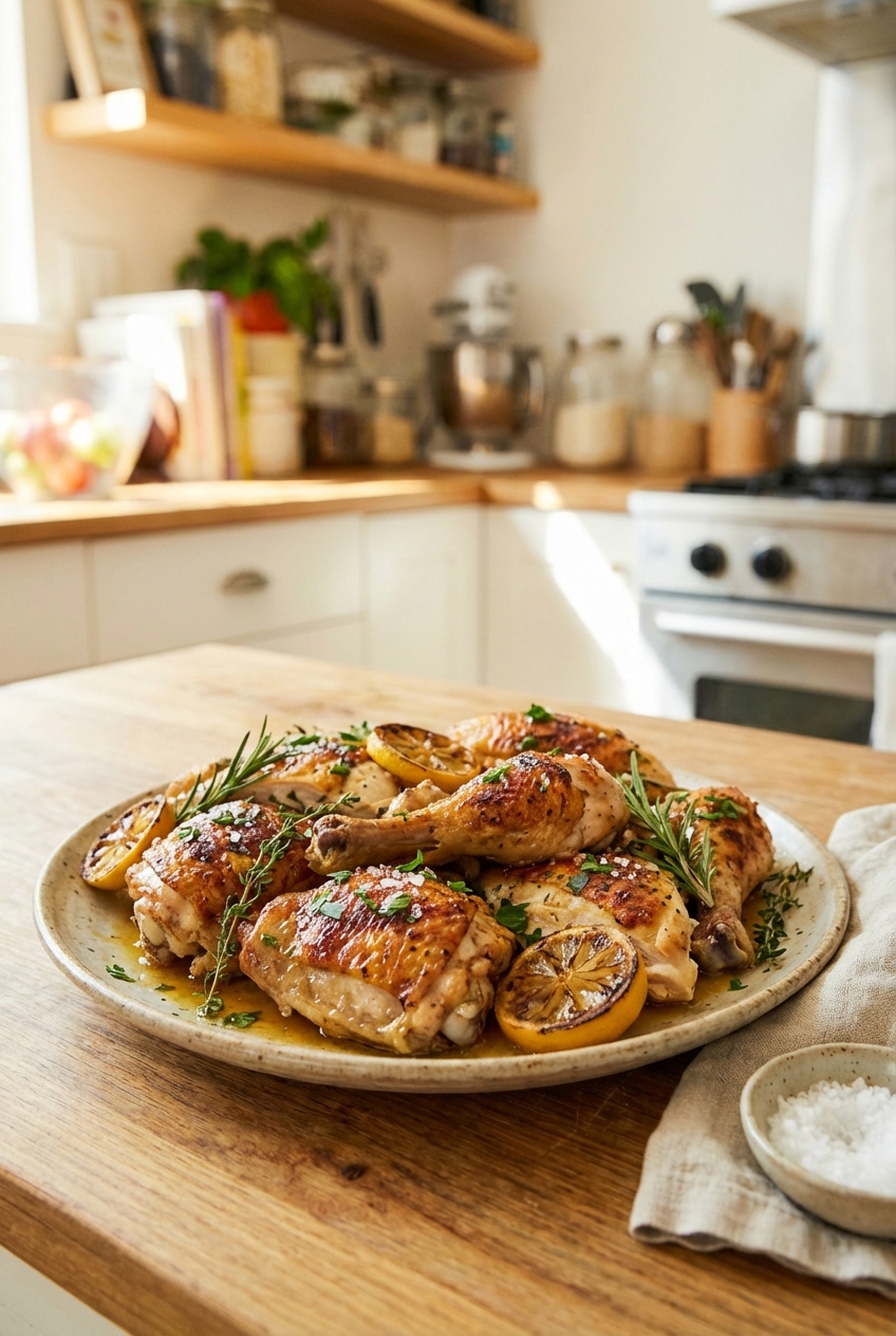 A platter of roasted chicken pieces with lemon slices and herbs