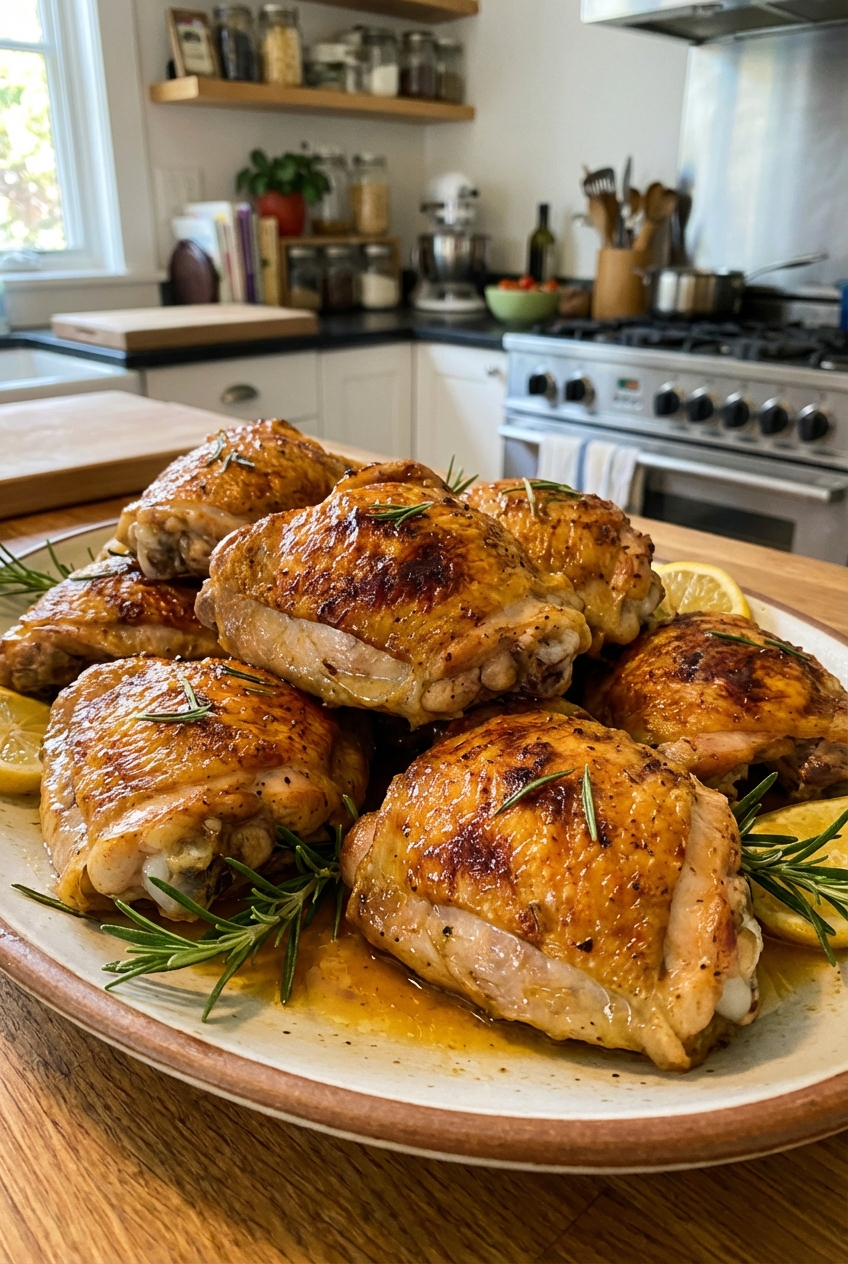 A platter of roasted chicken thighs with crispy skin