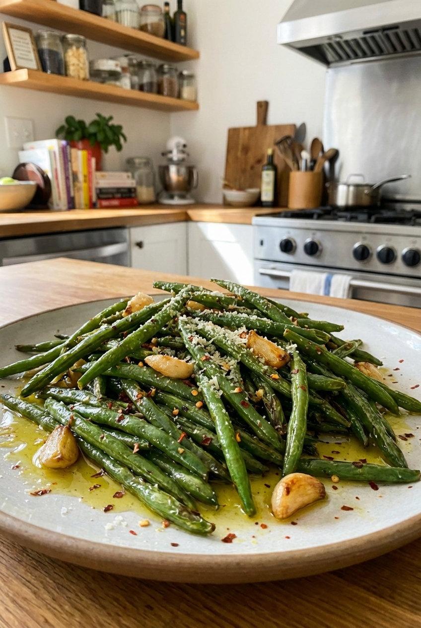 A platter of roasted green beans with garlic