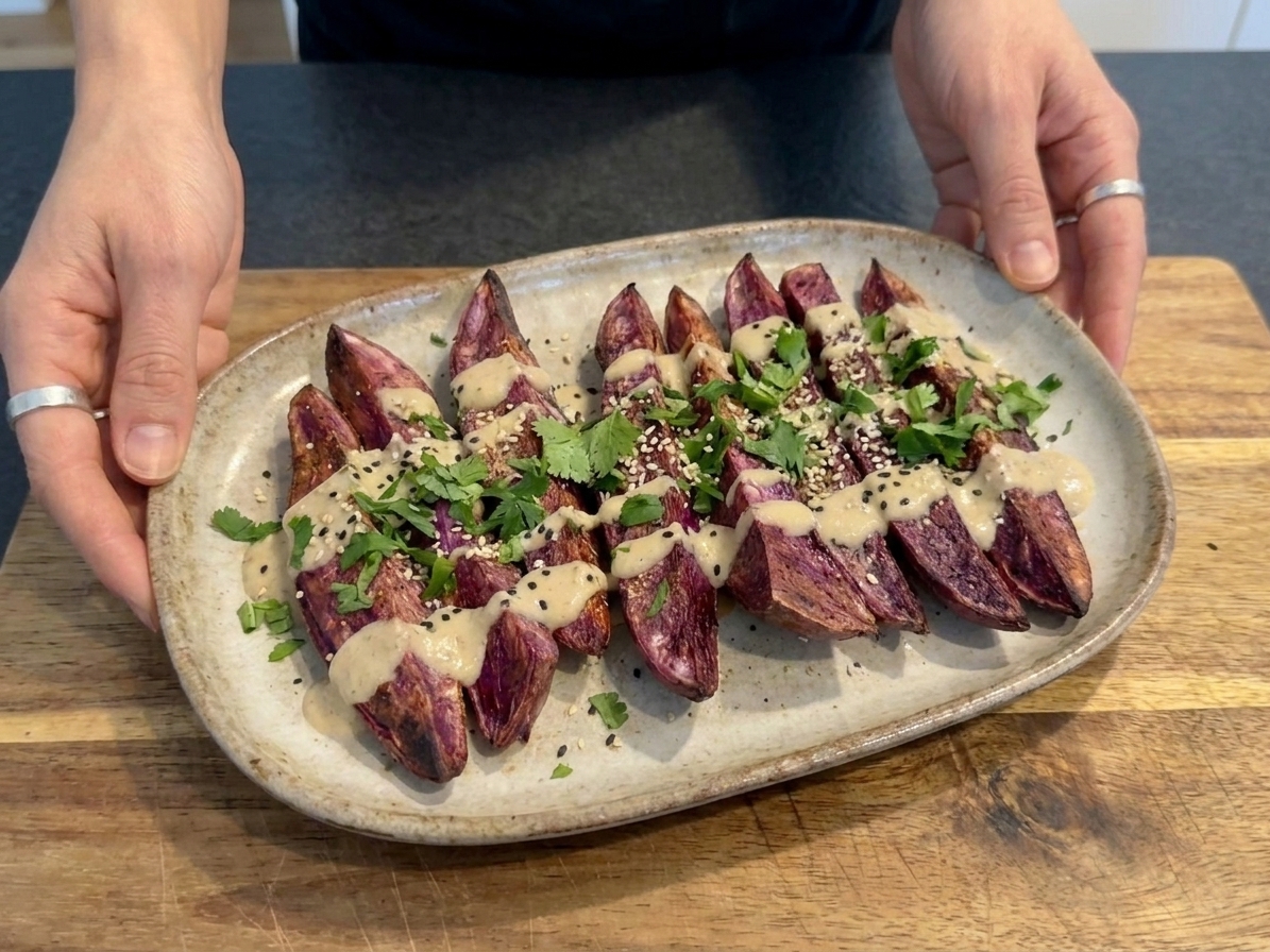 A platter of roasted purple sweet potato wedges with crisp edges and a creamy lime tahini drizzle on a wooden table