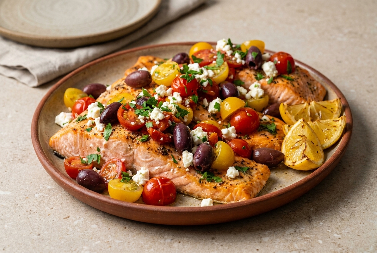 A platter of roasted salmon fillets topped with a chunky mix of cherry tomatoes, Kalamata olives, feta, and fresh parsley, with lemon wedges on the side on a neutral stoneware table setting