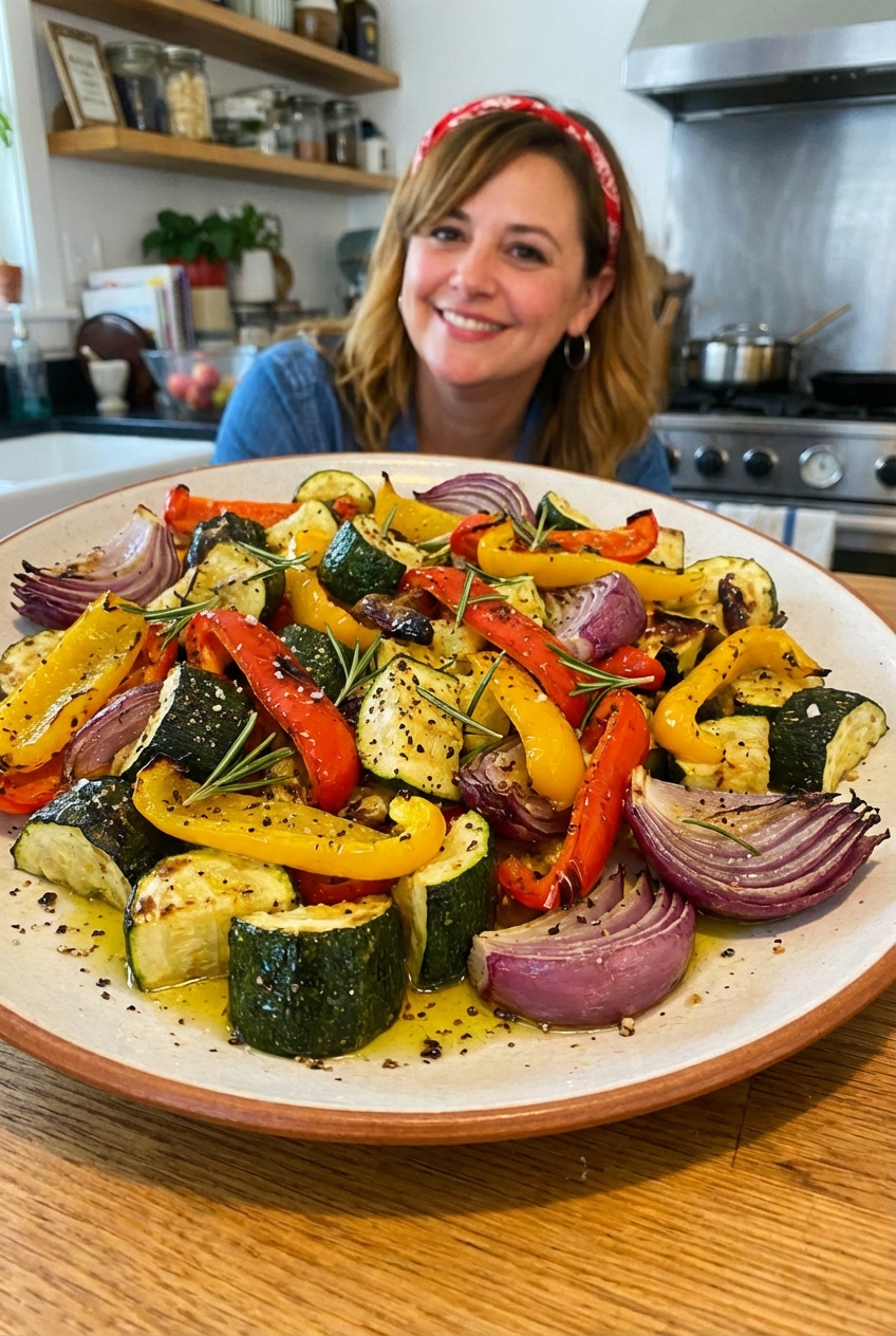 A platter of roasted vegetables including zucchini, bell peppers, and red onion with charred edges