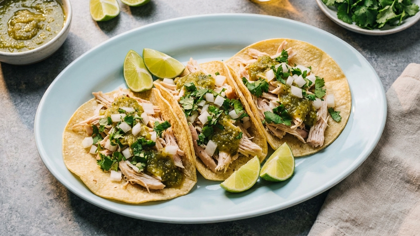 A platter of rotisserie chicken tacos with shredded chicken, salsa verde, cilantro, diced onion, and lime wedges on a warm kitchen table