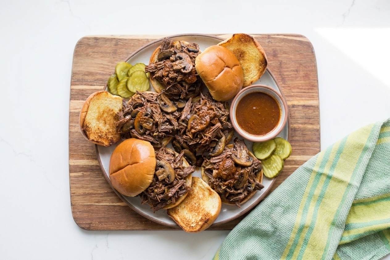 A platter of saucy pulled beef piled high on toasted brioche buns with pickles and a small bowl of extra sauce on a wooden table