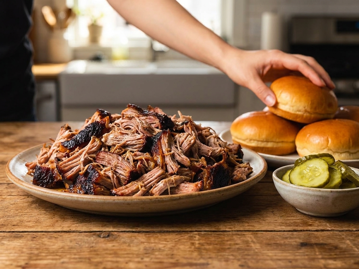 A platter of shredded Boston butt pulled pork with caramelized edges, served with pickles and soft buns on a wooden table in warm natural light