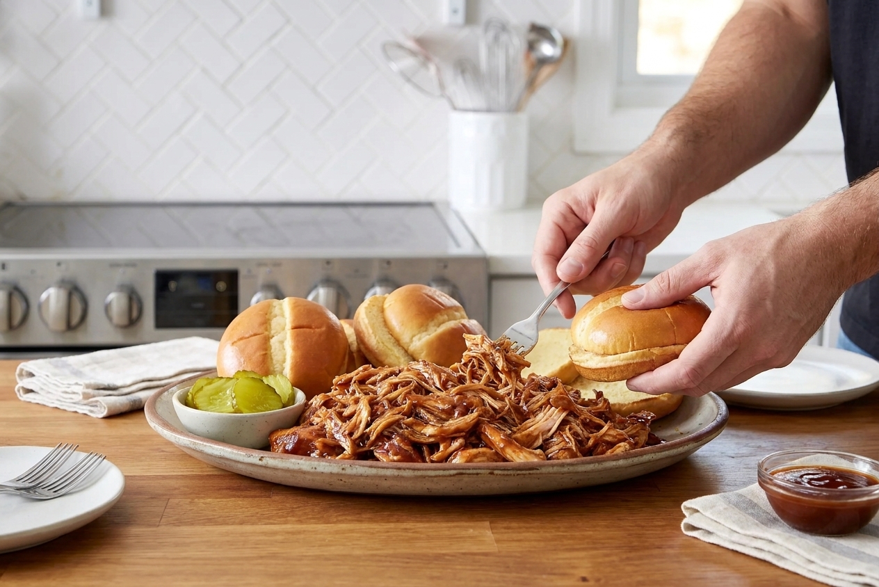 A platter of shredded barbecue chicken glistening with sauce, served with soft buns and pickle slices on a warm kitchen table