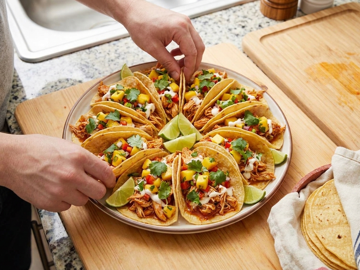 A platter of shredded slow cooker chicken tacos topped with mango salsa and cilantro, with lime wedges and warm tortillas on a bright kitchen table
