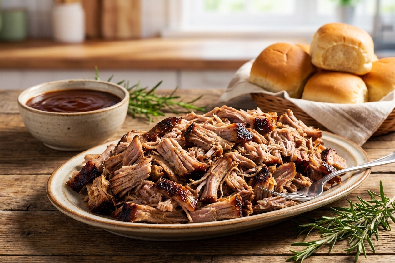A platter of shredded slow cooker pork butt with browned edges, served with a small bowl of sauce and soft buns on a rustic wooden table