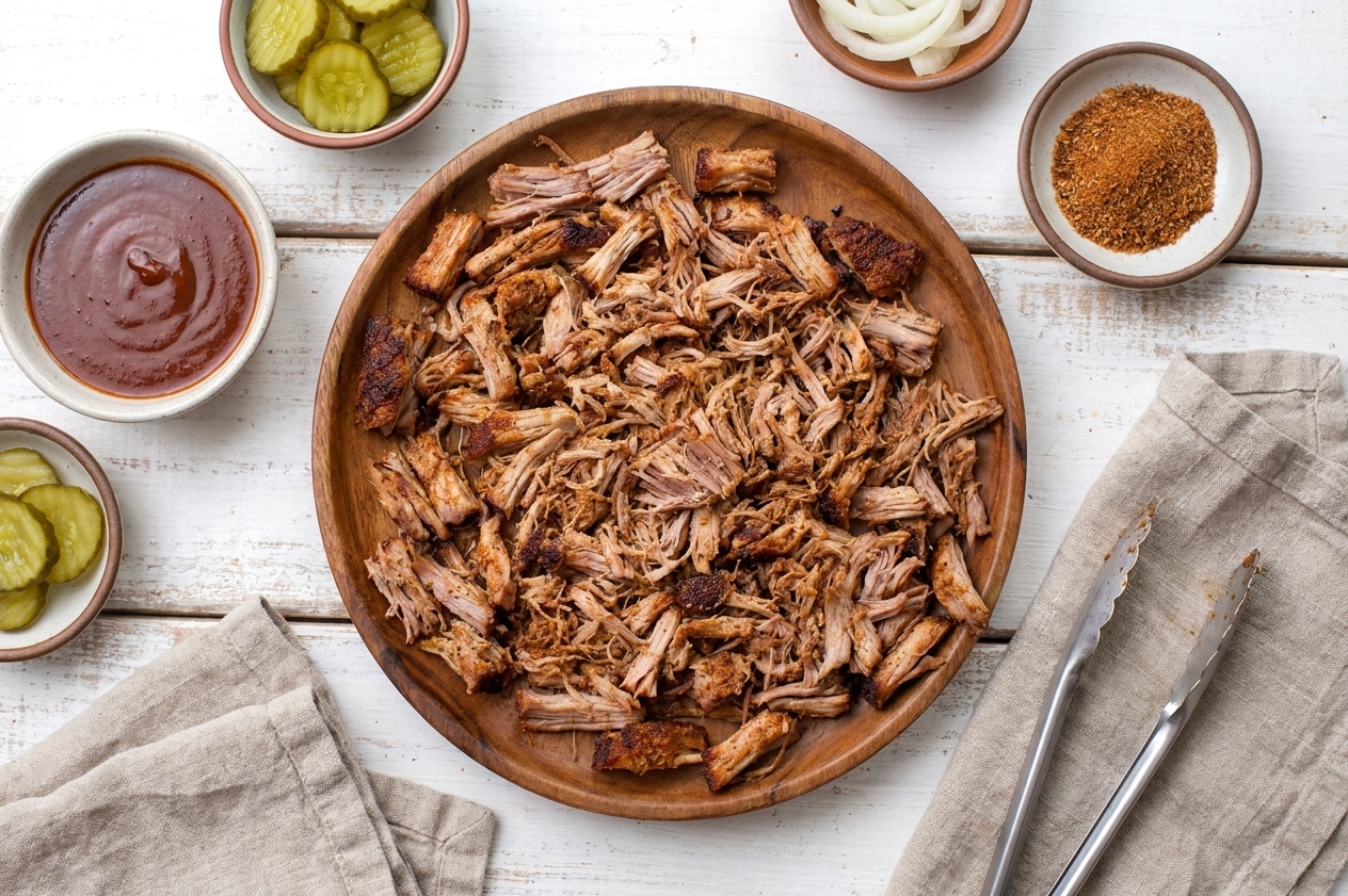 A platter of shredded slow cooker pork shoulder with crispy edges, surrounded by bowls of sauce and pickles on a warm wooden table